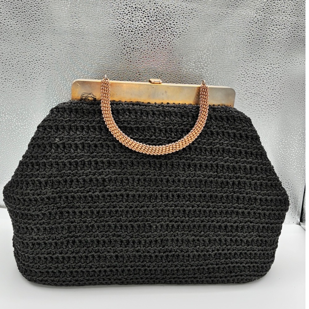 Vintage Crochet Handbag Purse Top Handle Bag Black Woven Evening Bag